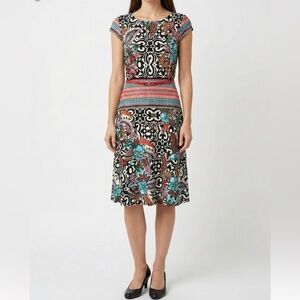 JOSEPH RIBKOFF Multi Colour Cap Sleeve Midi Dress with Belt Popover Style Sz 12